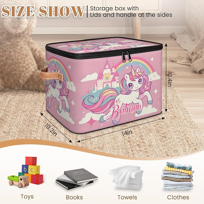 Storage-Bins with Lids Personalized Closet-Storage-Bins Under-Bed Stackable-Cubes-Box for Home Bedroom Rainbow Unicorn