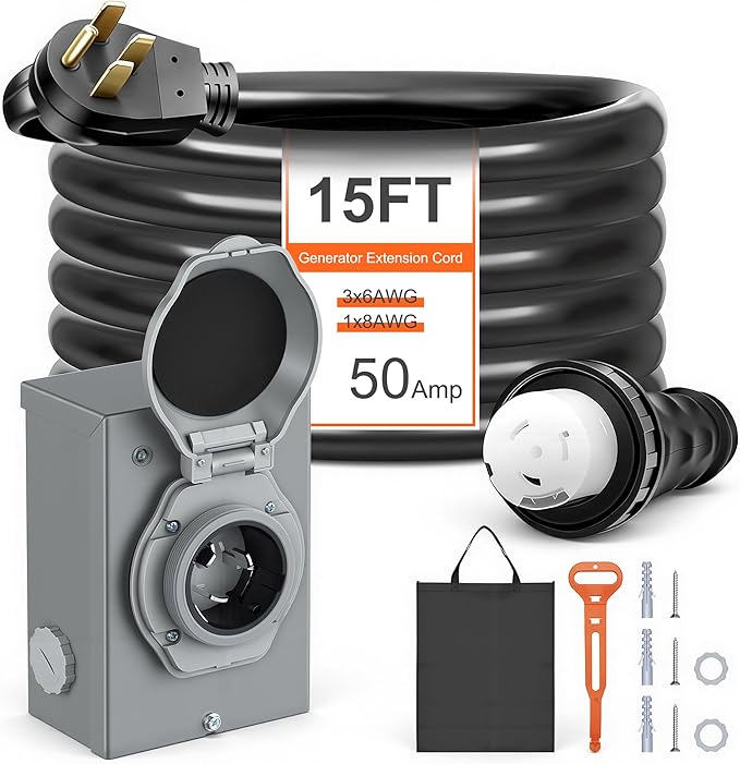 50 Amp Generator Cord &amp Power Inlet Box Kit - Upgrade Heavy Duty Generator Extension Cord STW 6/3+8/1 Gauge NEMA 14-50P/SS2-50R with Twist Lock Connector &amp Pre-Drilled Inlet Box Kit ETL Listed