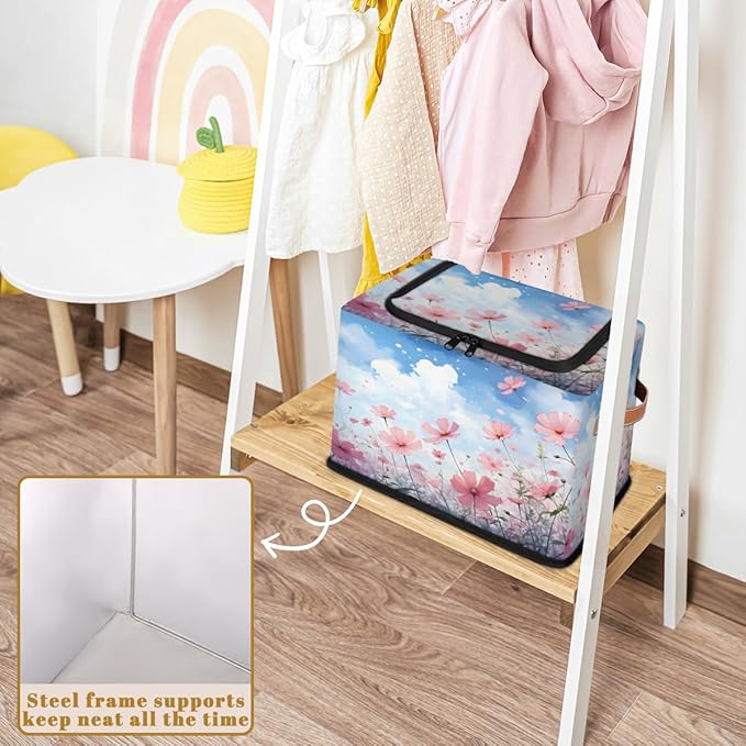 KOBLEN Poppies Seamless Pattern Storage Basket Collapsible Rectangular Storage Bins with Zipper Lid Handle Closet Shelf Cloth Organizer Basket for Nursery Bedroom Clothes Toy 2 Pack