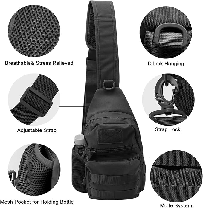 Tactical Sling Bag Outdoor MOLLE Everyday Carry Pack Chest Shoulder Backpack Side Mesh Pocket &amp Hook Loop Panel(Black)