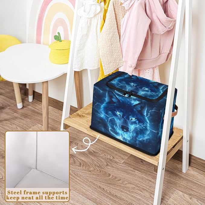 Wildlife Wolf Storage Box with Lid Cool Wolf Collapsible Storage Bins Baskets Cubes Closet Shelf Clothes Organizer Containers with PU Leather Handles