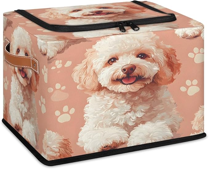 Teddy Dog Storage Box with Lid Cute Puppy Collapsible Storage Bins Baskets Cubes Closet Shelf Clothes Organizer Containers with PU Leather Handles