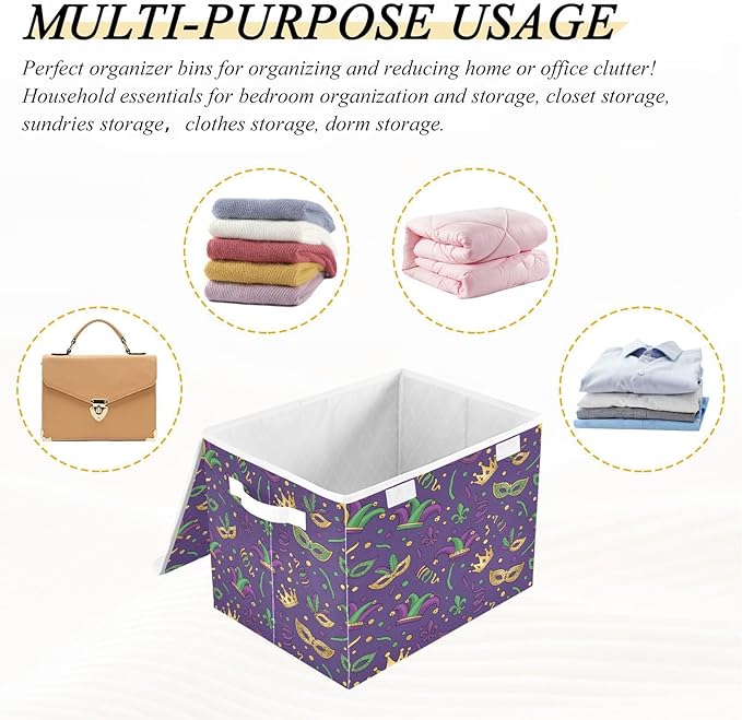Collapsible Storage Bins with Lids Mardi Gras Carnival (2) Foldable Fabric Organizer Baskets for Closet Home &amp Seasonal Decor 16.5x12.6x11.8 Inches