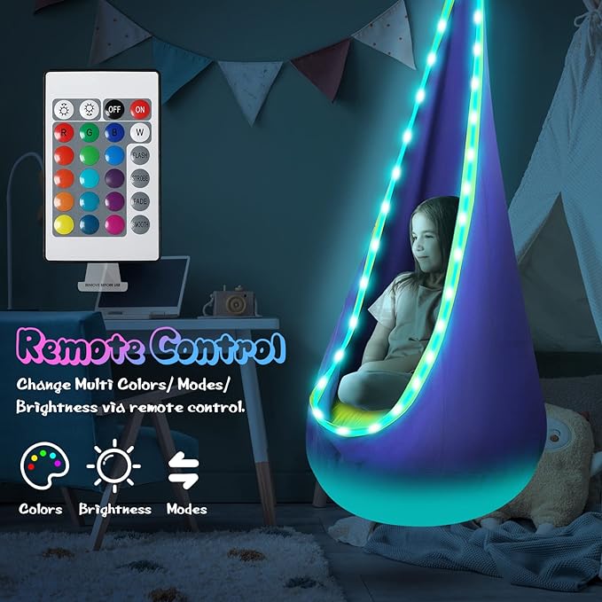 Light Up Kids Pod Swing Seat Upgraded Kids Hanging Hammock Swing with LED Lights Cotton Sensory Pod Swing Chair with Inflatable Pillow Pod Swing for Kids Indoor &amp Outdoor (1 PCS) (Blue)