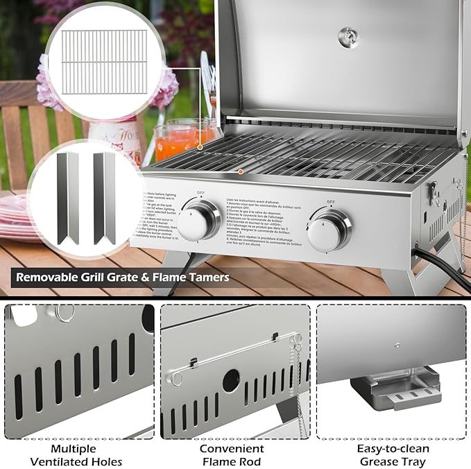 Giantex Portable Gas Grill with 2 Burner Max. 20000 BTU total Folding Legs Built-in Thermometer Travel Locks Stainless Steel Tabletop Propane Gas Grill for Camping Picnic Cookout RV BBQ