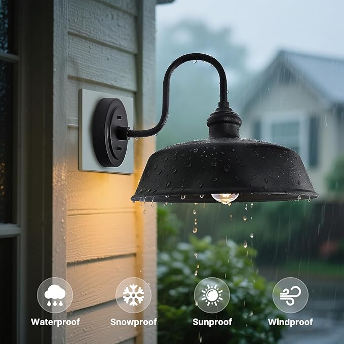 14 Dome Outdoor Barn Light Large Farmhouse Style Gooseneck Exterior Light Fixture Outdoor Wall Sconce Lighting with Wall Mount Rustic Black Porch Lights for Outside Garage Entryway
