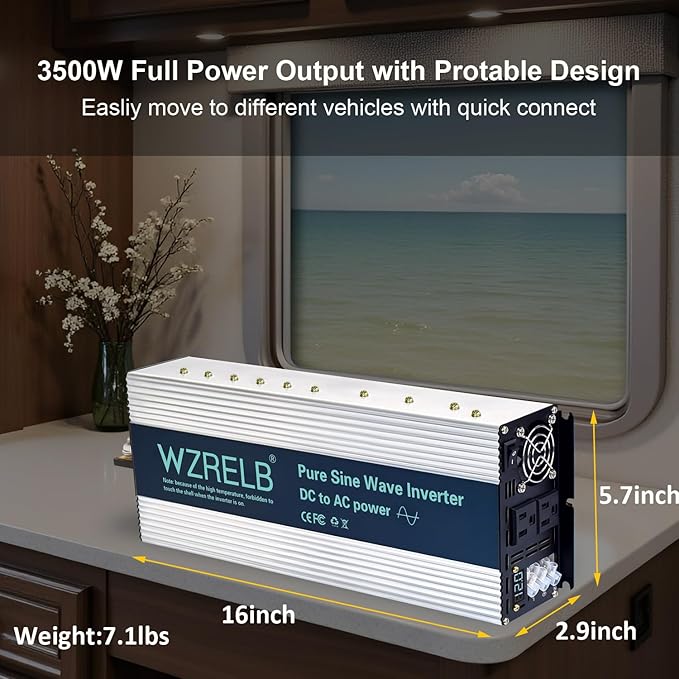 WZRELB 4000W Pure Sine Wave Inverter Car Power Inverter 24V DC to 110V 120V AC Converter for RV Truck Solar Outdoor with Dual AC Outlets Hardwire Port Surge 8000W LED DisplayOff-Grid