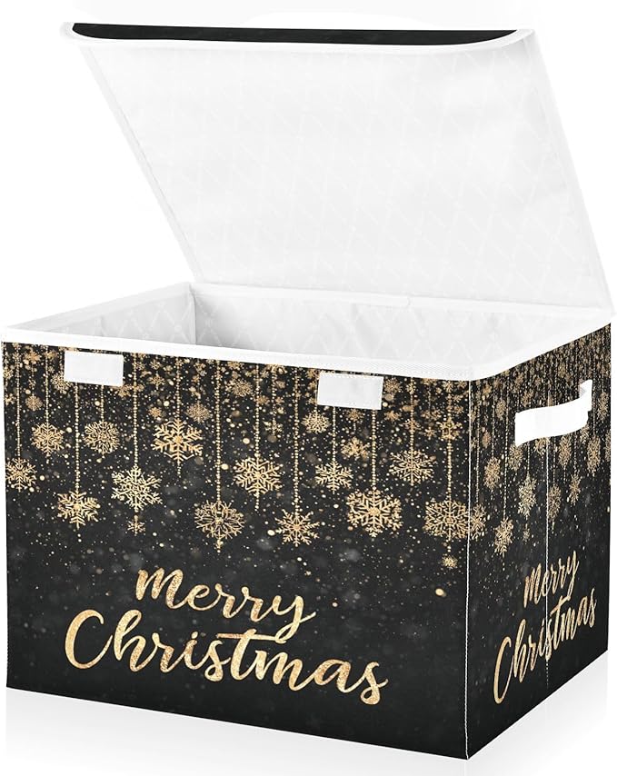Gold Merry Christmas Storage Box with Lid 1 PC Foldable Storage Bin with Lids Stackable Storage Bins Cube Closet Organizer Basket with Flip-Top Lid &amp Handles for Shoes Books Towels