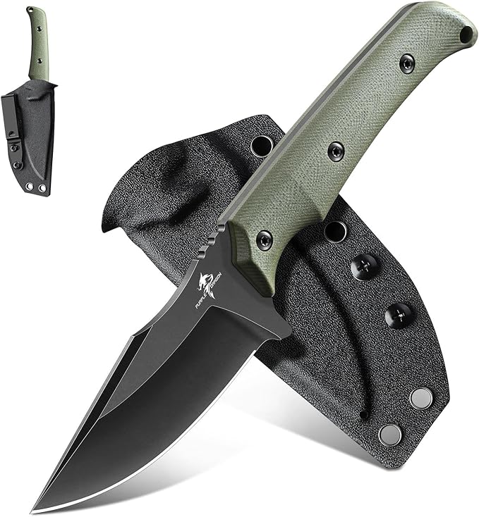 Purple Dragon Fixed Blade Knife - Full Tang Hunting Knife Forged from a Single Piece of D2 Steel - Camping Knives with G10 Handle and Kydex Sheath - Outdoor Gift for Men - Green