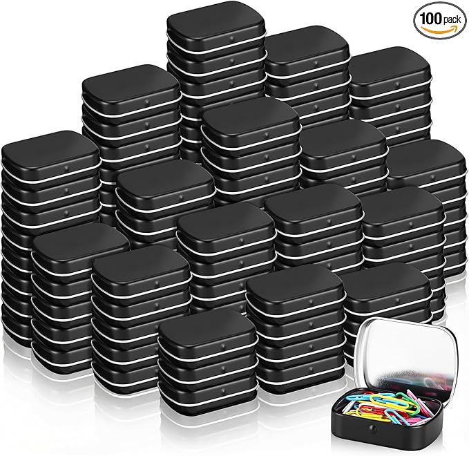 100 Pcs Metal Hinged Tin Box Rectangular Small Tin Container with Lid Mini Portable Tinplate Storage Box for Drawing Pin Candies Jewelry Crafts Button Pill 2.4 x 1.8 x 0.6 Inch (Black)