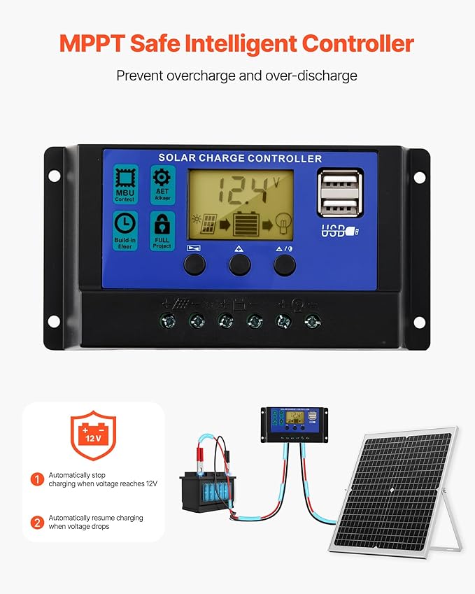 VEVOR 30W 12V Solar Panel Battery Charger Solar Battery Trickle Charger Maintainer with Intelligent MPPT Controller &amp Adjustable Mount Bracket IP67 Waterproof for Car Boat RV Motorcycle Trailer