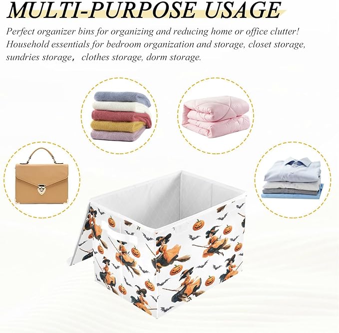 Halloween Baskets Collapsible Storage Bins with Lids Witch Pumpkin Bat Pattern Storage Boxes Clothes Baskets for Organizing