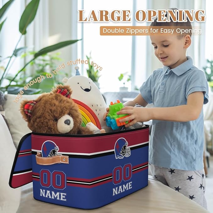 Custom Storage Bins with Zipper Lid Football Personalized Foldable Storage Baskets Closet Shelf Clothes Organizer Cube with PU Leather Handles