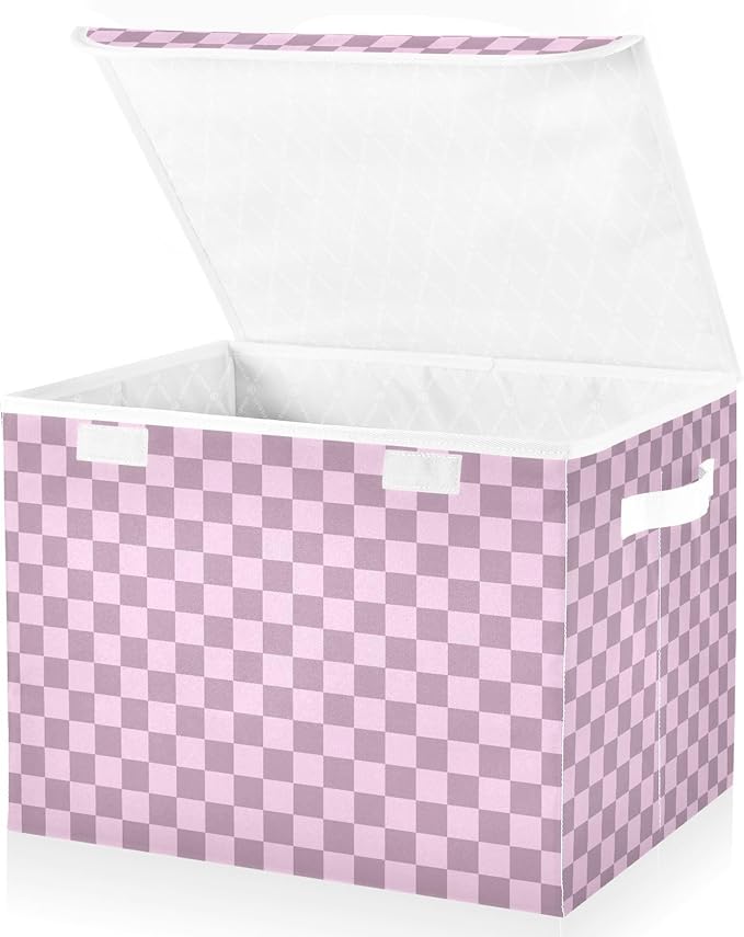 Grey Pink Checkerboard Storage Baskets Lidded Bin Foldable Storage Boxes Cubes Lids with 2 Handles for Organizing Closet Home Office