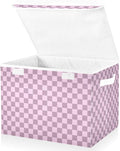 Grey Pink Checkerboard Storage Baskets Lidded Bin Foldable Storage Boxes Cubes Lids with 2 Handles for Organizing Closet Home Office