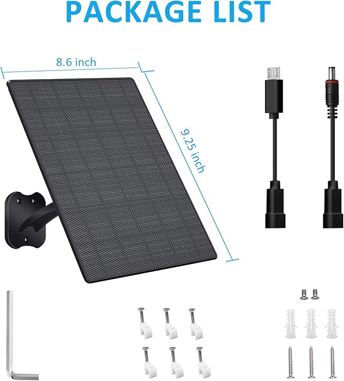 10W Solar Panel for Security Cameras 5V Outdoor Camera Solar Panel with USB-C Cable DC 5.5x2.1mm &amp Micro USB Port IP66 Waterproof with Adjustable Mount &amp 10FT Cable