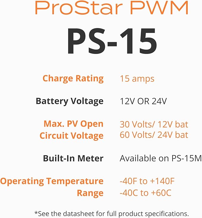 Morningstar Prostar 15A PWM Solar Charge Controller (PS-15) - Intelligent Solar Panel Regulator Supports 12V/24V LA/Lithium Batteries LVD/Lighting Control HazLoc Rated Low Noise - Designed in USA