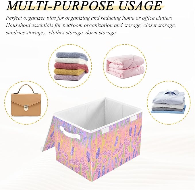 AIXIWAWA Lidded Storage Cube (Cartoon Lavender) Fabric Foldable Closet Bins with Flip Lid and Handles Organizer Basket Container 16.5 x 12.6 x 11.8 IN