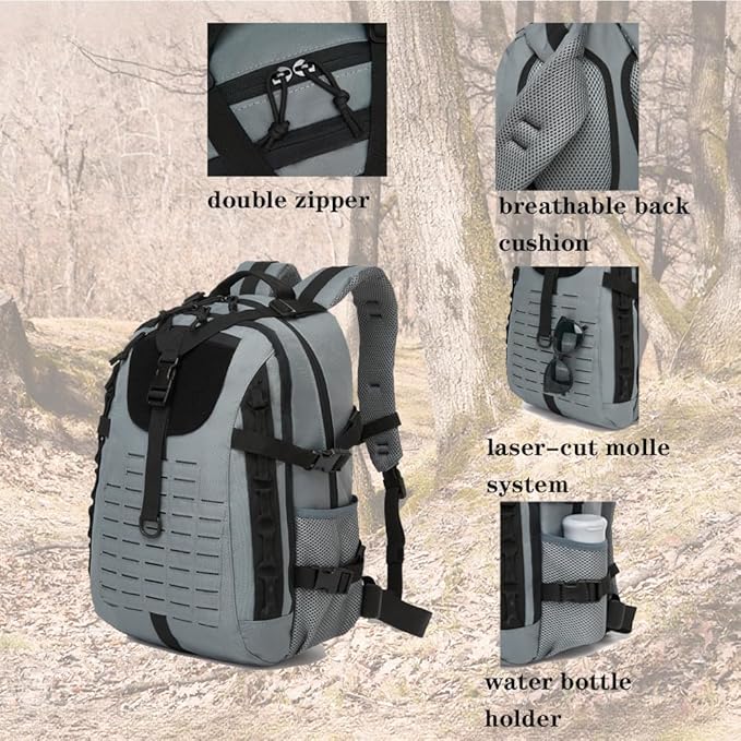 Military Tactical Backpack For Men Laser-Cut Molle Daypack 3 Day for HikingWorkingTravel (black grey)