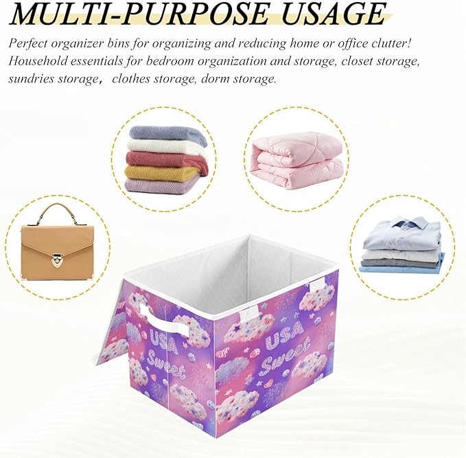 Storage Bins With Lid Stackable Fabric Closet Organizer Clothing Storage Large Boxes For Closet Shelves Bedroom Purple Usa Sweet Cloud Candy