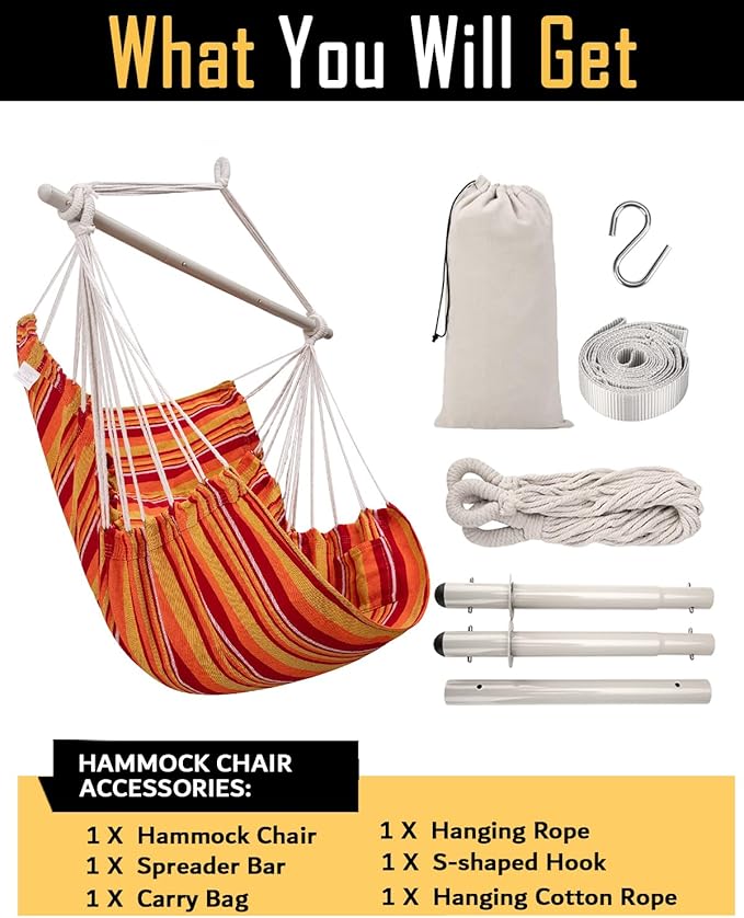 ADVOKAIR Hammock Chair Swing Heavy-Duty Hanging Rope Swing Seat Supports 500 Lbs Ideal for Outdoor Patio Backyard Porch Deck &amp Indoor Bedroom Use