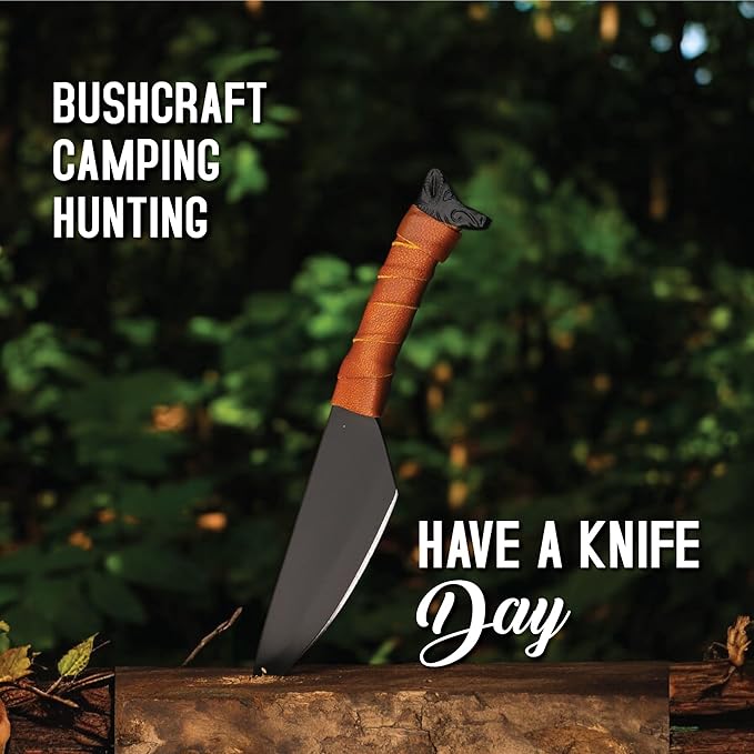 Hand Forged Viking Axe and Knife Set with Leather Sheaths - Carbon Steel Bearded Viking Hatchet Carved Wooden Handle Throwing Axe for Camping Survival Bushcraft Splitting Chopping &amp Hiking