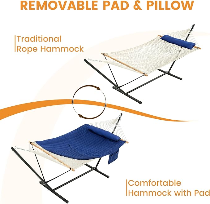 Lazy Daze Hammocks 2 Person Portable Hammock with 12FT Stand 10.5FT Double Hand Woven Cotton Rope Hammock with Detachable Quilted Pad &amp Pillow for Outside 450lb Capacity Navy Blue
