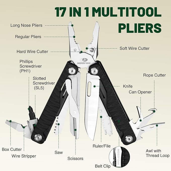 MOSSY OAK Multitool 17-in-1 EDC Multi Tool with CNC-Machined Steel Pliers G10 Anti-Slip Handle Nylon Sheath &amp Belt Clip – Durable MultiTool for Camping Hiking Hunting Survival and Everyday