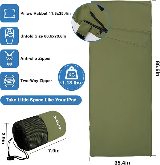 JAICOM Sleeping Bag Liner Travel Sheets &amp Adult Sleep Sack Ultralight and Portable Summer Sleeping Bag - Ideal for Backpacking Hotels and Hostels Business Trips Camping