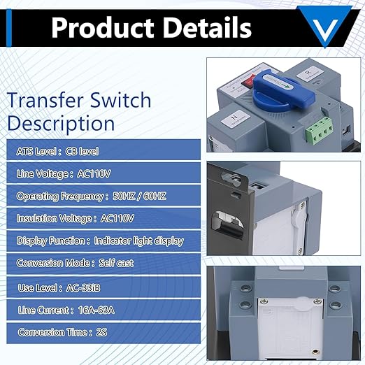 110V Generator Transfer Switch Dual Power Automatic Generlink Transfer Switch ATS Changeover Switch 50HZ/60HZ(2P 63A)