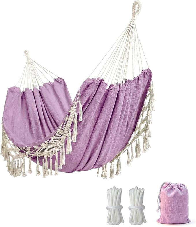 Double Boho Macrame Hammock with Elegant Tassels for Patio Yard Beach Wedding Decor Outdoor and Indoor Up to 450lbs Include Tie Ropes and Drawstring Bag （ Light Purple）