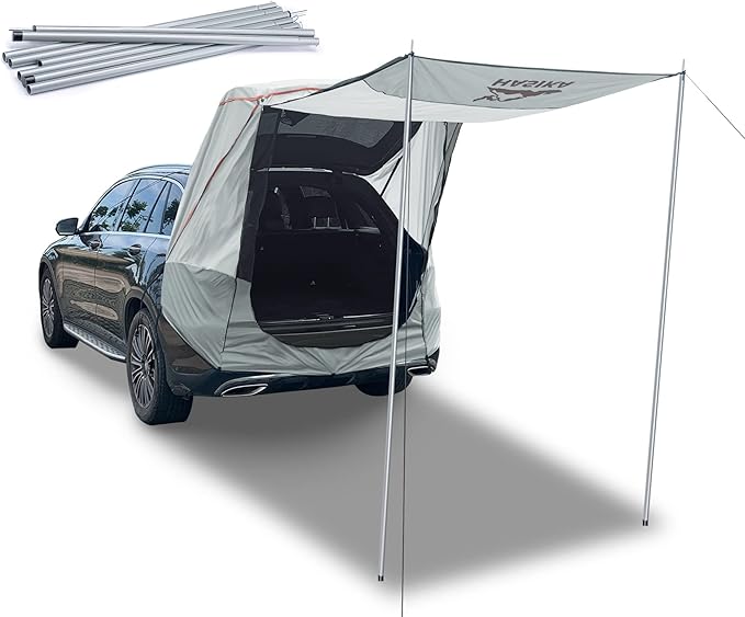 Poles Included Tailgate Shade Awning Tent for Car Camping Road Trip Essentials Small to Midsize SUV Waterproof 3000MM UPF 50+Grey (Small)