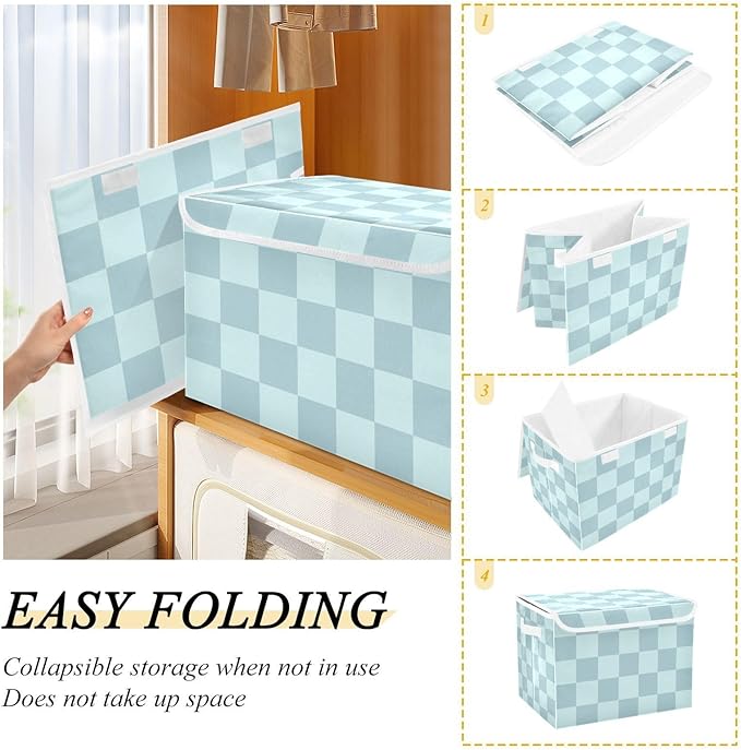 Storage Bins with Lids Storage Containers Storage Box with Handles Storage Organizer Bin Basket for Closet Shelves Clothes Stackable Foldable Checkered Blue 01