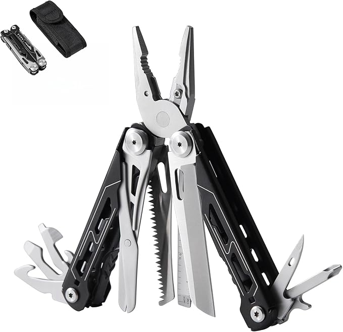 Portable Multitool Pliers Mini Scissors with Clip Knife Folding Stainless Steel Lightweight Tools for Travel Camping Hiking (black+silver 1pcs)