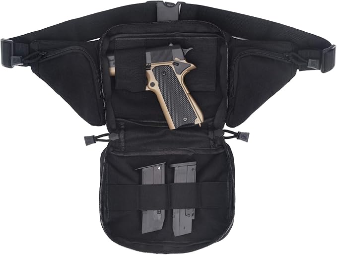 Concealed Pistol Bag Multipurpose Nylon Tactical Handgun Case Fanny Pack Waist Bag Bumbag Chest Pack with Molle Webbing Loop (Black)