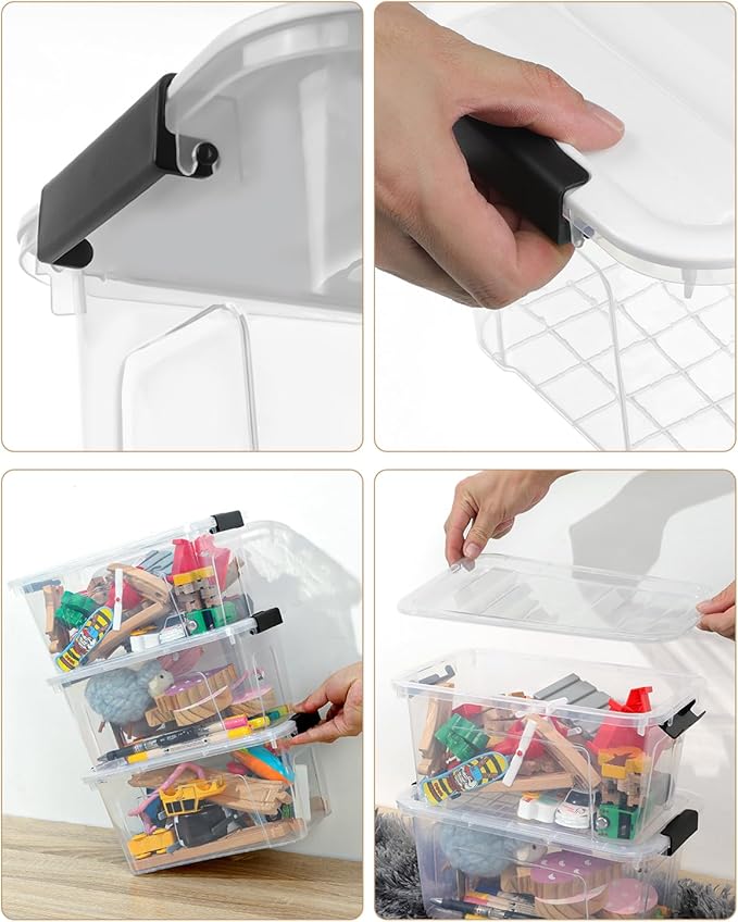 EOENVIVS 6 Pack Clear Storage Bins with Black Buckle and Handle Lids and 6 Pack Clear Storage Bins with Buckle Llids 7 Quart