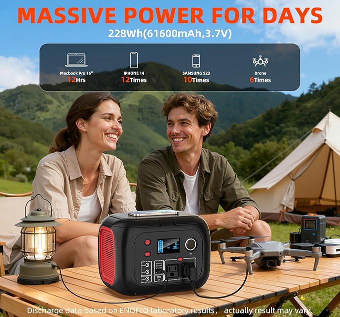 ENOFLO Portable Power Station 300W 228Wh Solar Generator with 110V Pure Sine Wave AC Outlet Backup Lithium Battery Generator for CPAP Outdoor RV Camping Emergency Home Use