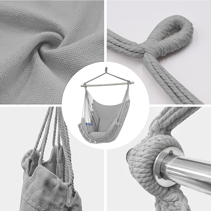 Gold Armour Hammock Chair Hanging Rope Swing Max 500lbs 2 Seat Cushions Included Hanging Chair with Pocket-Quality Cotton Weave for Superior Comfort &amp Durability (Gray)