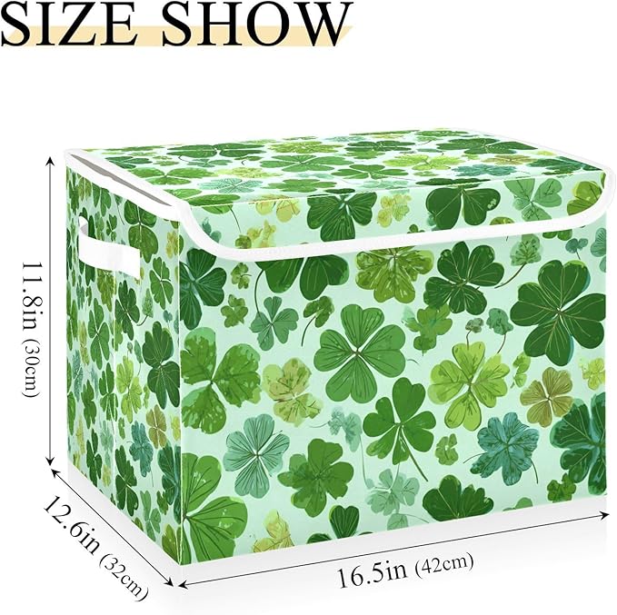 Storage Bins with Lids Storage Containers Box Organizer Bin Basket with Handles for Closet Shelves Clothes Stackable Foldable Decorative Green Nature St Patrick Clovers