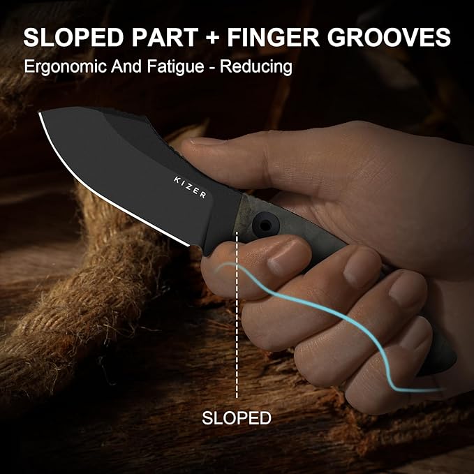 Kizer Rook Fixed Blade Knife 3.11 Nessmuk-style 10V Blade Hunting Knives with Gray Richlite® Handle Bushcraft Knife with Sheath &amp TekLok for Camping Hunting Survival 1090A1