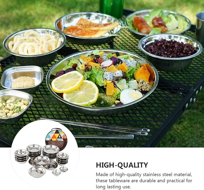 GALPADA Stainless Steel Outdoor Dining with Plates Bowls Cutlery Compact Camping Tableware Kit for Beach BBQ Hiking and Picnic Use