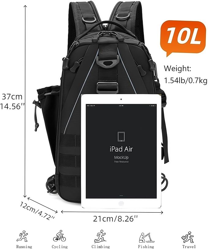 Mint &amp Moss Tactical Backpack for Men Water Resistant Tackle Backpack with Rod Holder &amp Tackle Box Kit Lightweight Sling Fishing Bag for Trekking Survival Camping Fitness Travel (Black)