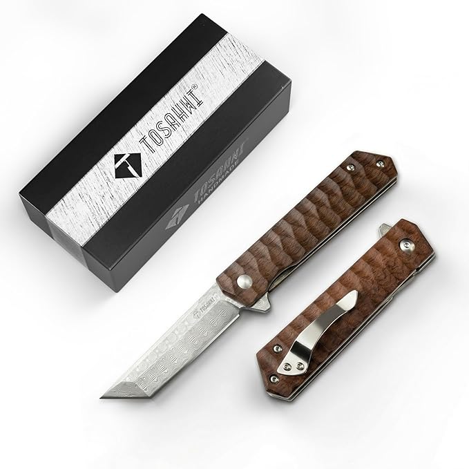 Damascus Steel Tanto Blade Pocket Knife With Rosewood Handle