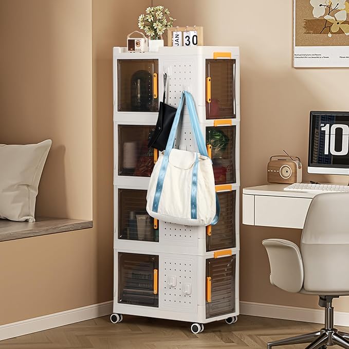 Foldable Storage Bins 4-Layer Stackable Storage Box with Lids Collapsible Storages Cabinet on Wheels Large Plastic Organizer Containers Transparent Closet Case Portable Solution White