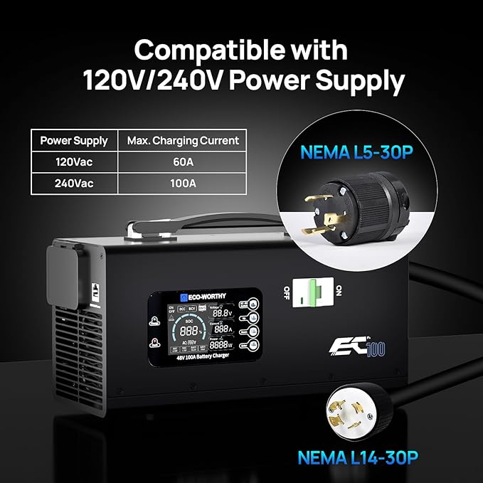 ECO-WORTHY 48V 100A Battery Charger for LiFePO4 Suitable for 120/240V Generators Fast Charging Compatible with ECO-WORTHY 48V 100Ah Server Rack Battery 2-100A Current Adjustable
