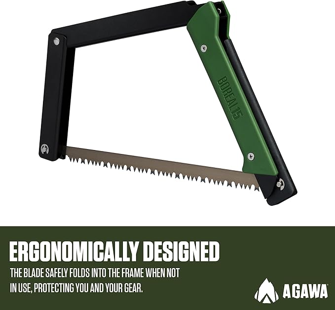 AGAWA - BOREAL15-15 Inch Folding Saw with All-Purpose Saw Blade - Camping Gear For Hiking Fishing Hunting Bushcraft &amp Survival Kit (Black Frame/Green Handle)