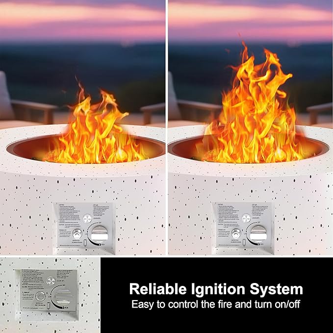30' Outdoor Fire Pit Table with 50000 BTU Output Premium Gas Fire Pit Tables for Outside Patio Round Propane Fire Pit with Glass Stones Waterproof Cover (White 30 LED)