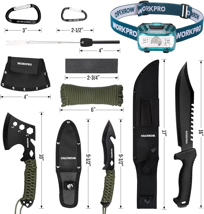 WORKPRO Machete and Camping Hatchet with Sheath Camping Axe and Fixed Blade Hunting Knives with Paracord Handle Headlamp Flint Camping Survival Tool Set for Hunting Hiking Outdoor Adventure