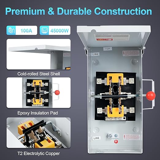 100A Generator Transfer Switch 12000/24000/45000W General-Duty Double-Throw Safety Switch 120/240/450V Manual Transfer Switch with Arc Extinguishing Cover NEMA 3R Standards for Indoor/Outdoor Use