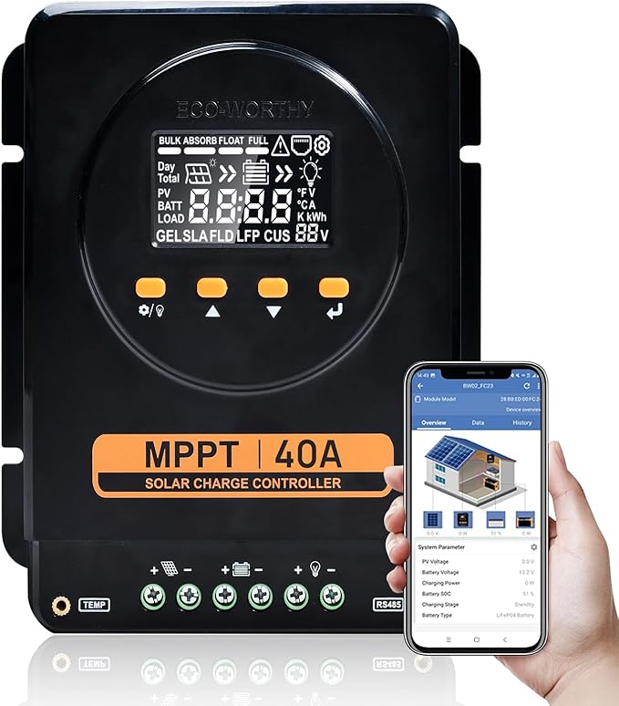 ECO-WORTHY MPPT Solar Charge Controller 40A with Bluetooth 12V/24V Auto LCD Display Compatible with LiFePO4 Gel SLA Battery Lithium Battery Activation for RV Off-Grid Solar System